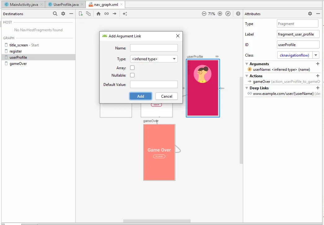 argument on navigation editor